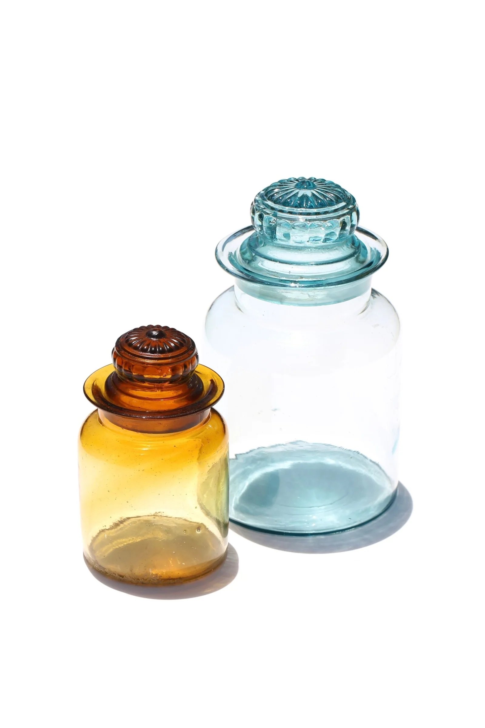 Amber and aqua Ryukyu glass storage jars